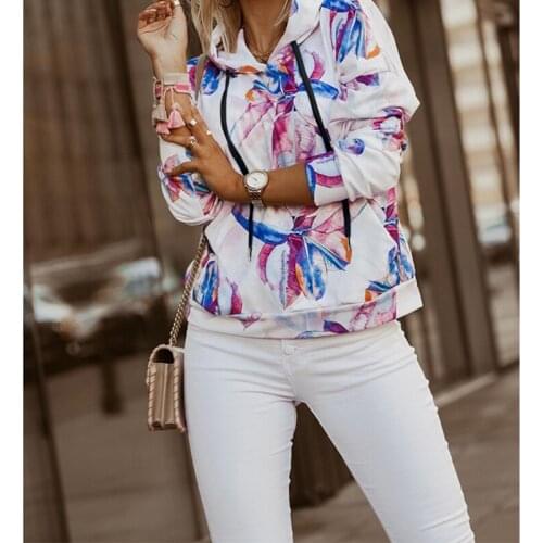 Women Floral Print Hooded Top Autumn New Drawstring Pocket Casual Loose Hoodies Pullover Long Sleeve Street Hipster Tops Hot