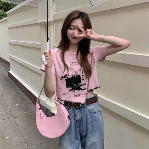 T-shirt Printing Irregular Short-sleeved T-shirt Women Summer New Korean Style Slim Slim Short Top