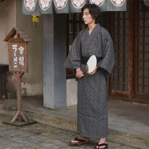 Japanese Traditional Style Kimono for Men Black Gray Check Robe Fashion Samurai Casual Simple Streetwear Yukata Home Wear Suit