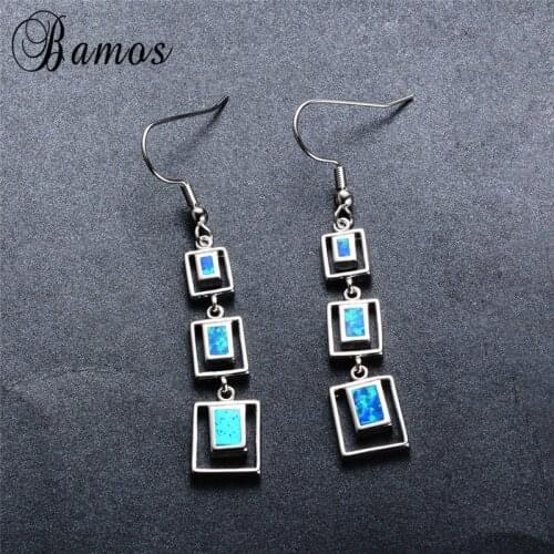 Bamos Fashion Hollow Square Blue/White Fire Opal Long Dangle Drop Earrings For Women Silver Color Bridal Wedding Gifts