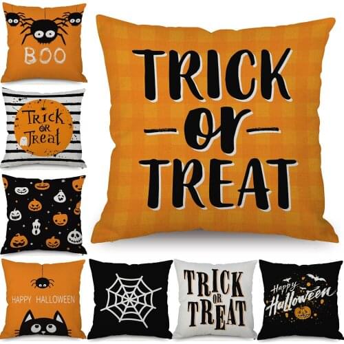 Happy Halloween Cushion Covers Spider Trick or Treat Pillow Case 45X45cm Beige Linen Sofa Chair Decoration