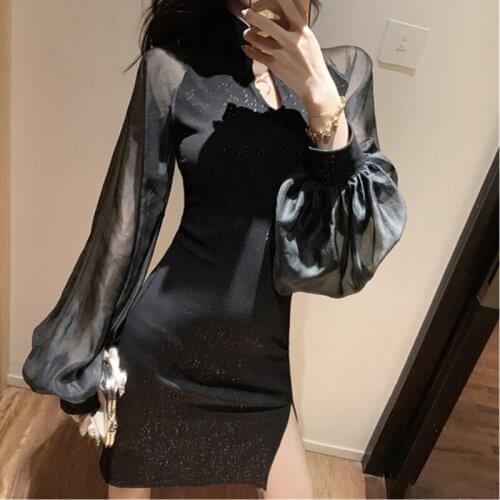 New 2020 Spring Chinese Style Black Party Dresses Women Shining Hollow Out Long Sleeve Bodycon Female Dress Vestidos