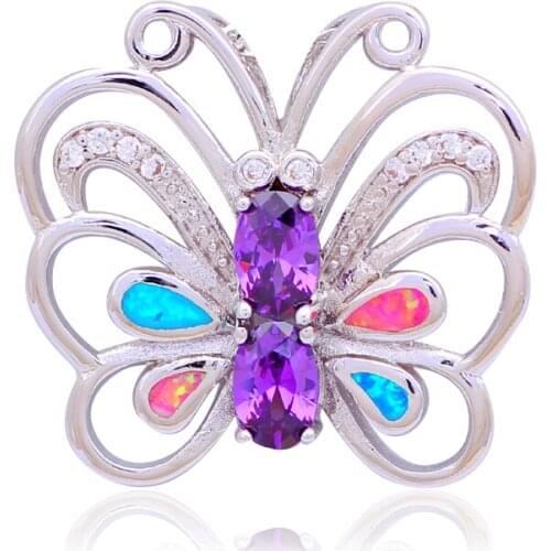 Wholesale Retail Huge Butterfly Color Fire Opal stamp silver plated Necklace Pendants Fashion jewelry OP470A