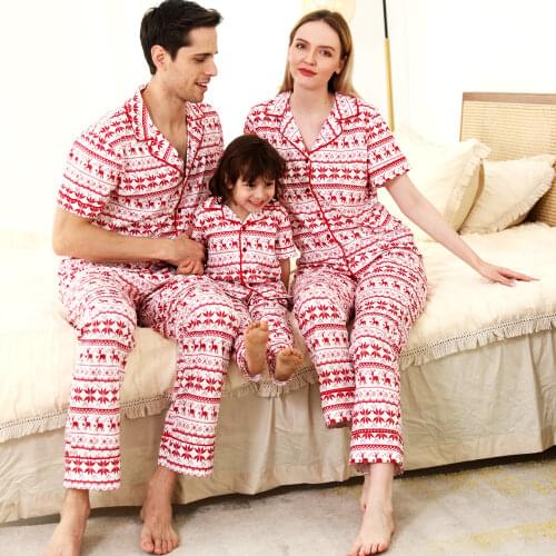 Christmas Family Matching Pajamas Set Turn-down Collar Deer Print Short Sleeve Long Pants Sleepwear Merry Christmas Family Look
