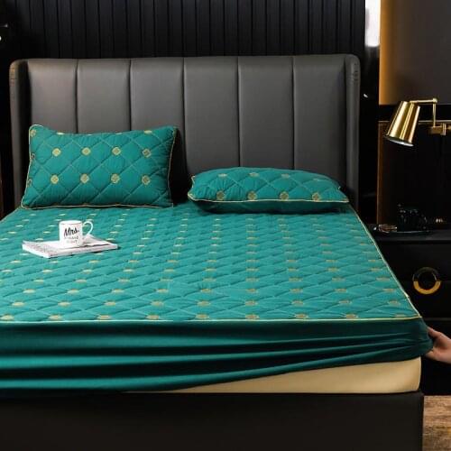 Embroidery Fitted Sheet Mattress Protector Cover Solid Color Cotton Quilted Thick Warm Soft Pad for Bed