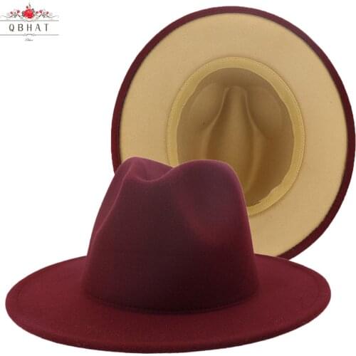 QBHAT Outer Burgundy Inner Tan Patchwork Wool Felt Jazz Fedora Hats Women Men Large Brim Panama Cap Casual Unisex Gambler Hat