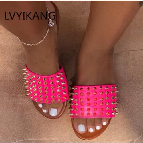 New 2020 Women Summer Colorful Open Toe Slip on Sandals Woman Sexy Strap Flat Casual Shoes Female Pu Studded Lady Fashion Shoes