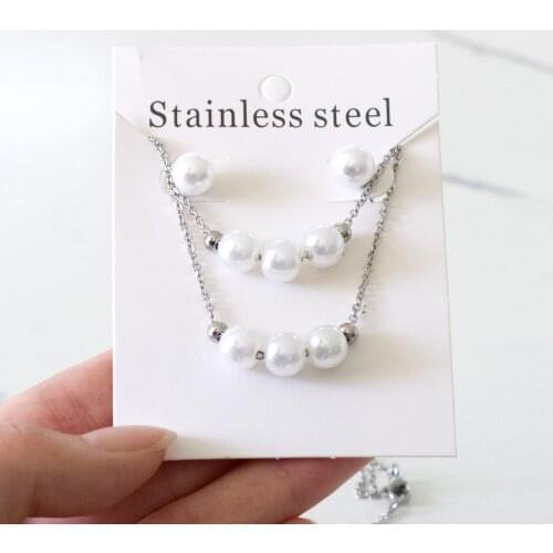 Silver Color Imitation Pearl Necklace and Stud Earrings Stainless Steel Jewelry Set Steel Ball for Women Girl Party Gift Jewelry