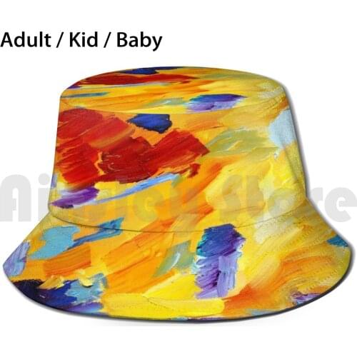 Sunday Sun Hat Foldable UV Protection Sun Sunday Yellow Orange Abstrac Mountain Ocean Sea Landscape Color Oil