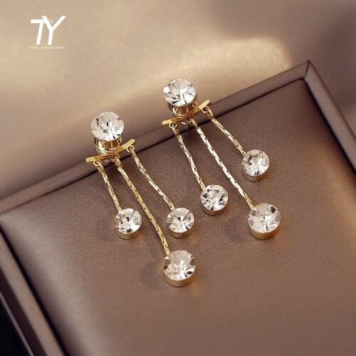 Temperament Goddess Luxury Round Zircon Tassel Gold Drop Earrings For Woman Korean Fashion Jewelry Party Girls Sexy Earrings