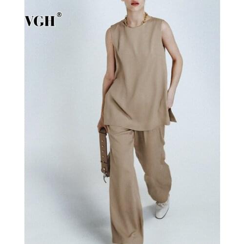 VGH Casual Khaki Two Piece Set For Women O Neck Sleeveless Side Split Tops High Waist Straight Pants Minimalist Sets Female 2021