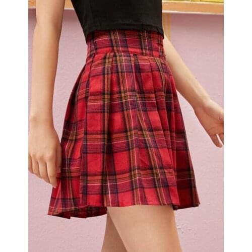 Womens Korean Plaid Skirt Summer Fashion Metal Ring Decorated High-waist A-line Pleated Mini Skirt Christmas Ladies Skirts
