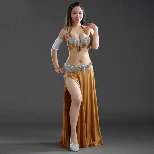 2020 Women Belly Dance ClothesStage Performance Dance Wear 3pcs Set (Bra Skirt Sleeves) Professional Belly Dance Costume Set