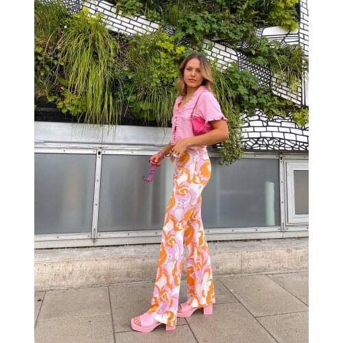 Women Hipsters Spring Casual Flared Trousers Full Floral Printing High-Waist Ankle-Length Bell-Bottomed Pants for Girls