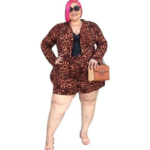 4XL Plus Size Women Clothing Cardigan Tops And Shorts Suits 2021 Summer Leopard Print Street Style Casual Two Piece Shorts Sets