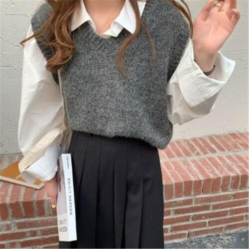 3 colors 2021 Spring and Autumn korean Preppy style v neck knitted sleeveless vest sweaters womens pullovers womens vests ZY6070