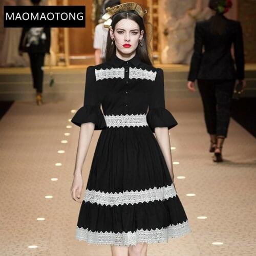 Fashion Runway Summer Mini Dress Womens Turn-down Collar Single-breasted Flare Sleeve Lace Splicing Black Short Dress