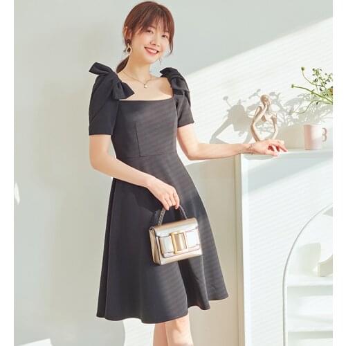 YIGELILA Vintage Women Summer Short Dress Elegant Square Collar Black Dress Empire Slim A-line Dress Knee-length 66328