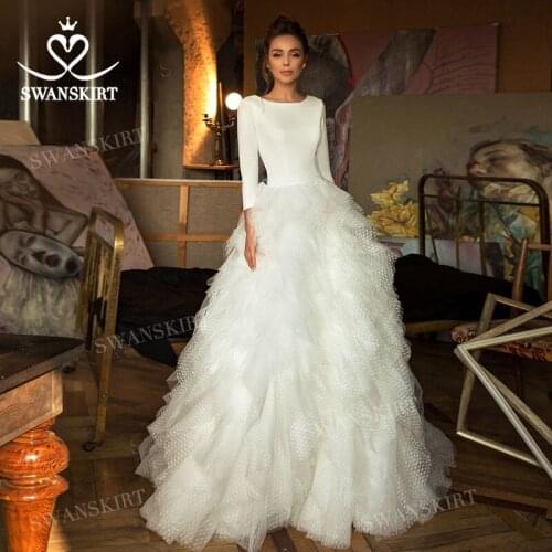 Long Sleeve Wedding Dress O-Neck Open Back Ruched Tulle Ball Gown Bridal Princess SwanSarah JE03 Customized Vestido De Novia