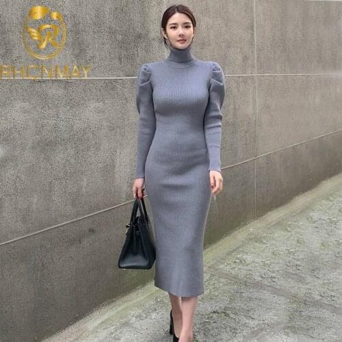 Good Quality Turtleneck Elegant Knitted Sweater Women Dress Puff Sleeve Ladies Party Dress Bodycon Autumn Winter Midi Dress
