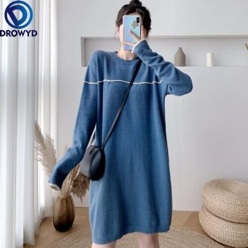 2021 New Autumn and Winter O-neck Striped Color Matching Knitted Inner Dress Loose Straight Stretch Pullover Sweater Dress Women