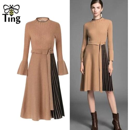 Tingfly Winter Autumn Knitting Casual Women Dress Pleated Patchwork A Line Knitted Lady Dress Knitwear Vestidos Zafual Frocks