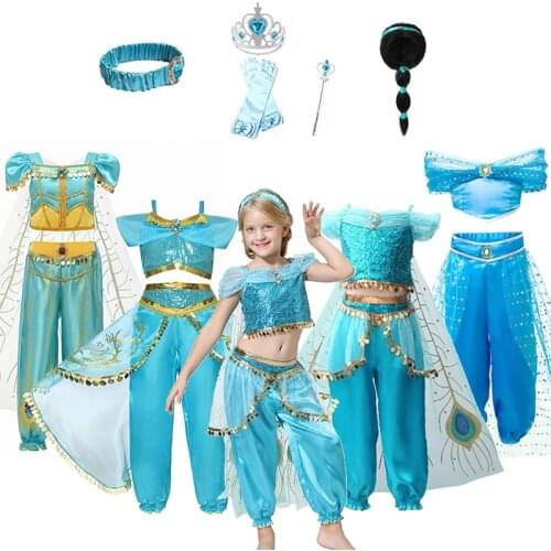 2021 Girls Halloween Cosplay Jasmine Costume Kids Arabian Princess Costume Children Carnival Christmas Birthday Party Clothes