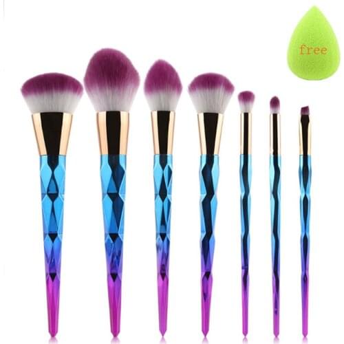 7pcs Makeup Brushes Sets Diamond Rainbow Handle Foundation Eyeshadow Blush Concealer Contour Powder Lip Blending Face Brush Kits