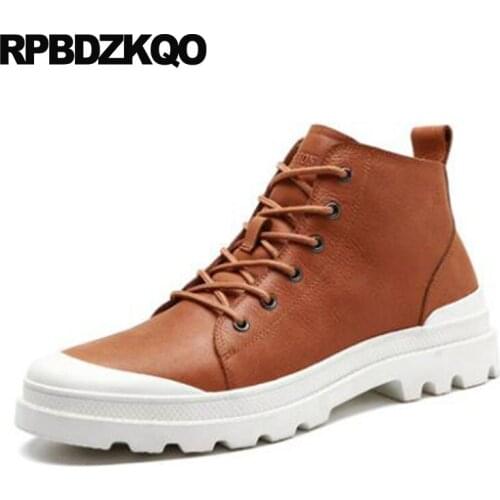 Full Grain Genuine Leather Ankle Male Lace Up Boots High Sole Shoes Men Thick Soled 2018 Booties Brown Runway Platform Fashion