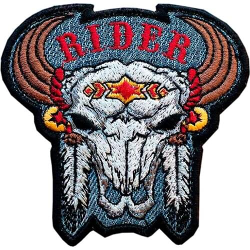Buffalo Skull Embroidered Biker Patches Black Twill Hot Cut Border Sew On Clothes Chest Size 3.3 Inches Badge
