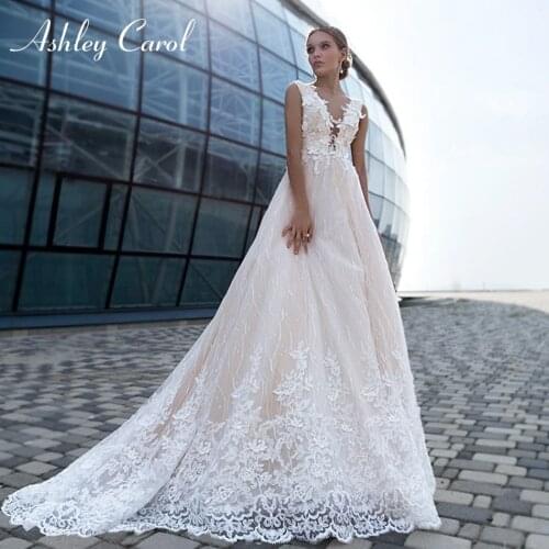 Ashley Carol A-Line Wedding Dress 2021 Elegant V-Neck Beading Flowers Lace Appliques Bride Backless Sleeveless Beach Bridal Gown