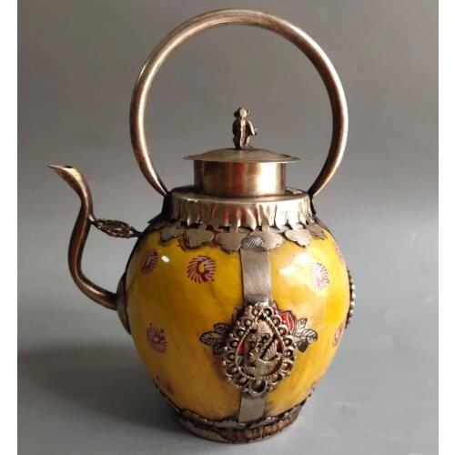 China archaize White copper mosaic ceramics teapot crafts statue