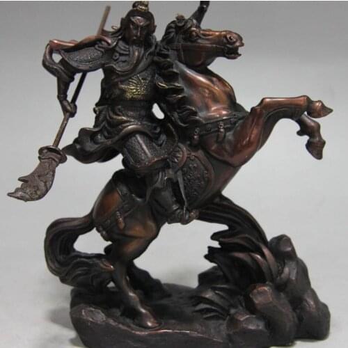 China Folk Red Copper Bronze Ride Horse Guan Gong Dragon Guan Yu Warrior Statue