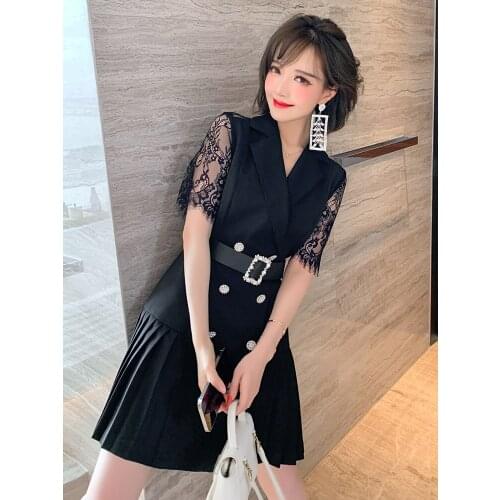 Top Quality Suit collar inlaid with diamond double row buckle belt stitching lace Pleated Dress summer