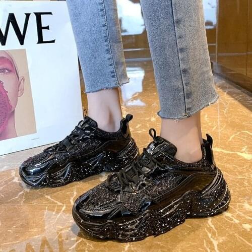 Fashion Round Toe Lace Up Vulcanized Shoes Women Breathable Mesh Running Shoes Women Mid Heel Sport Shoes Zapatillas Mujer 2020