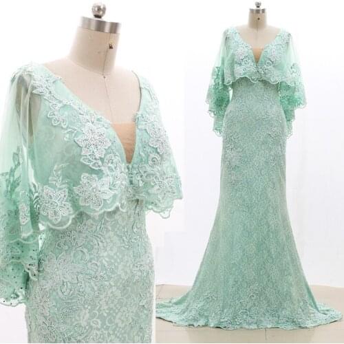 Kisswhite bridal Light Green Lace Mermaid Cape Sleeves With Shawl Fashion Prom Dresses 20210223-052