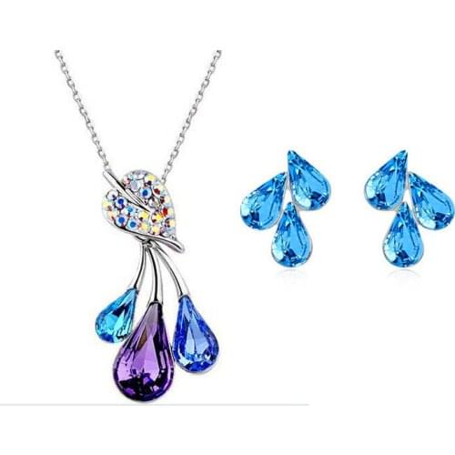 Fashion Luxury Elegant Rainbow Crystal Flower Bridal Jewelry Sets Alloy Rhinestone Stud Earring Necklace Sets For Women Gifts