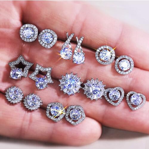 Trendy Female Crystal White Zircon Stud Earrings Cute Silver Color Geometric Earrings for Women Summer Cocktail Wedding Jewelry