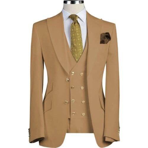 Brand New Men Suits Champagne Groom Tuxedos Peak Lapel Groomsmen Wedding 3 Pieces ( Jacket + Pants + Vest + Tie ) D252