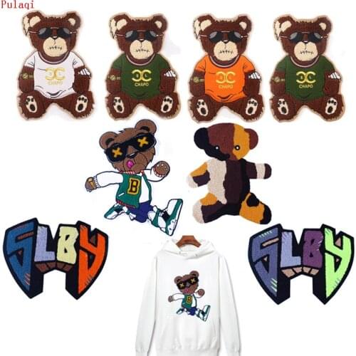 Pulaqi 1pcs Cartoon Letter Bear Embroidered Cloth Stickers Sew on Patches For Clothes Patch Applique Bag Clothing Coat Craft DIY