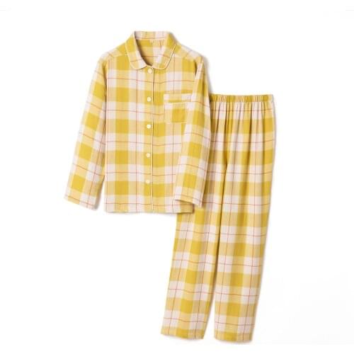 Nightie Womens Cotton Spring Autumn Couple Pajamas Plaid Japanese Double-layer Yarn Plus Size Long Sleeve Pajamas for Women