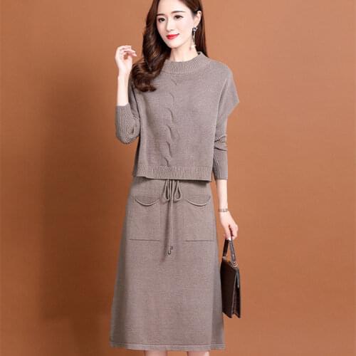 2021 Autumn Woman Solid Color Knitted Sweater Female Loose Top and Skirt Set Ladies Knee-length Dresses Two-piece Suits Q125