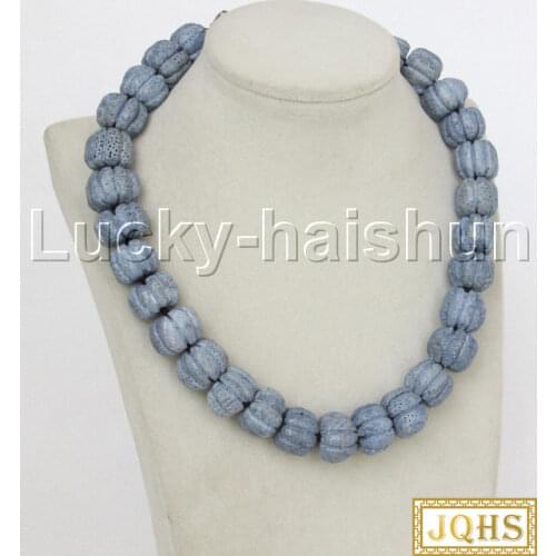 JQHS natural 19" 18mm string beads wheel pumpkin blue sponge coral necklace j12478