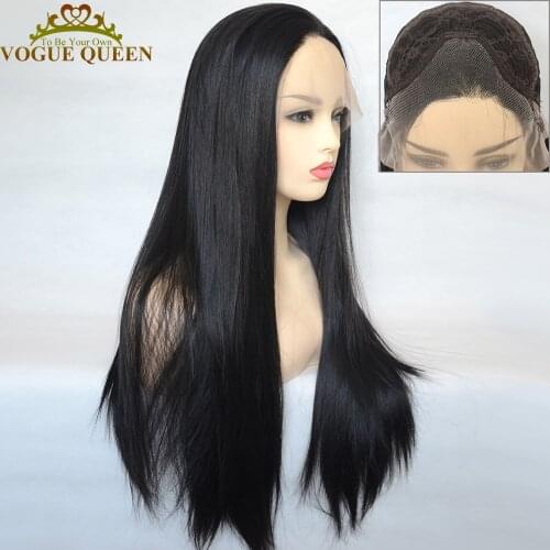 Vogue Queen 1B Natural Black Kanekalon Fiber Synthetic Lace Front Wig Heat Resistant Silky Straight Daily Wear For Women