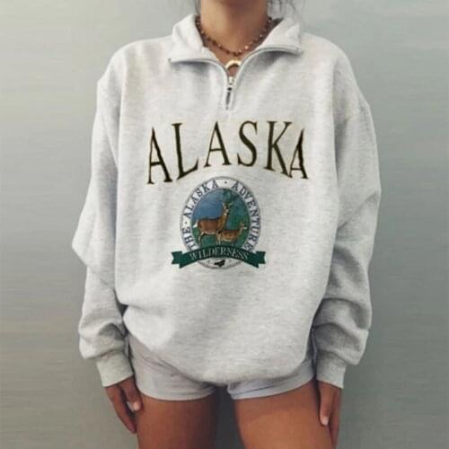Zip Pullover Letter Print Lapel Thick Vintage Oversized Sweatshirt Women Hoodies Loose Long Sleeve Autumn Winter Streetwear BF