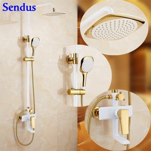 Senducs Luxury gold white bathroom shower set for quality bathroom rain top shower with solid brass bathroom shower mixer tap