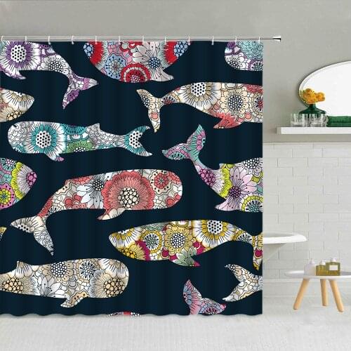 Hand-painted Whale Flower Bathroom Shower Curtain Colored Fish Coral Shell Sea Life Child Bath Decor Waterproof Fabric Curtains