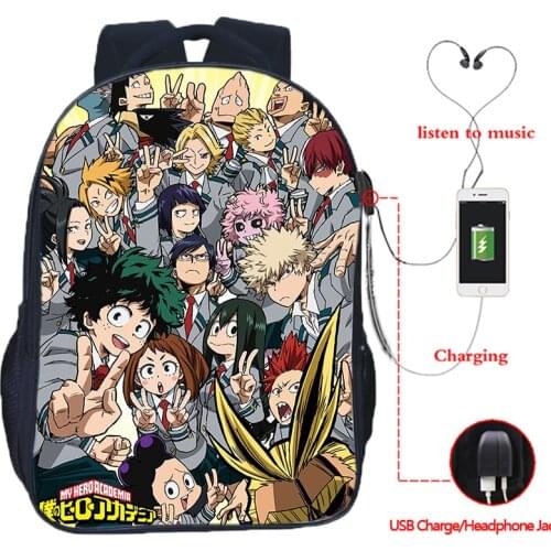 Teenage My Hero Academia USB Charging Backpack Students Waterproof School Bag Boys Girls Book Bags Traveling Knapsacks Mochila