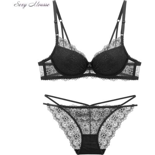 Sexy Mousse Summer Female Deep V Bra Sexy Lace Gather Bra Thick Padded Transparent Underwear Set Black