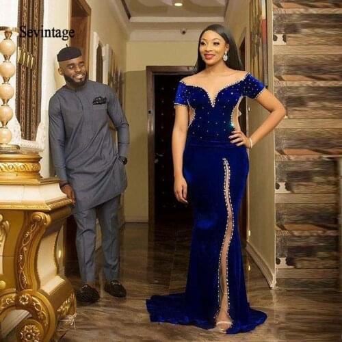 Sevintage Royal Blue Mermaid Evening Dresses Sheer Scoop Slit Front Short Sleeve Beaded Sequined Velvet Prom Gowns Custom Made